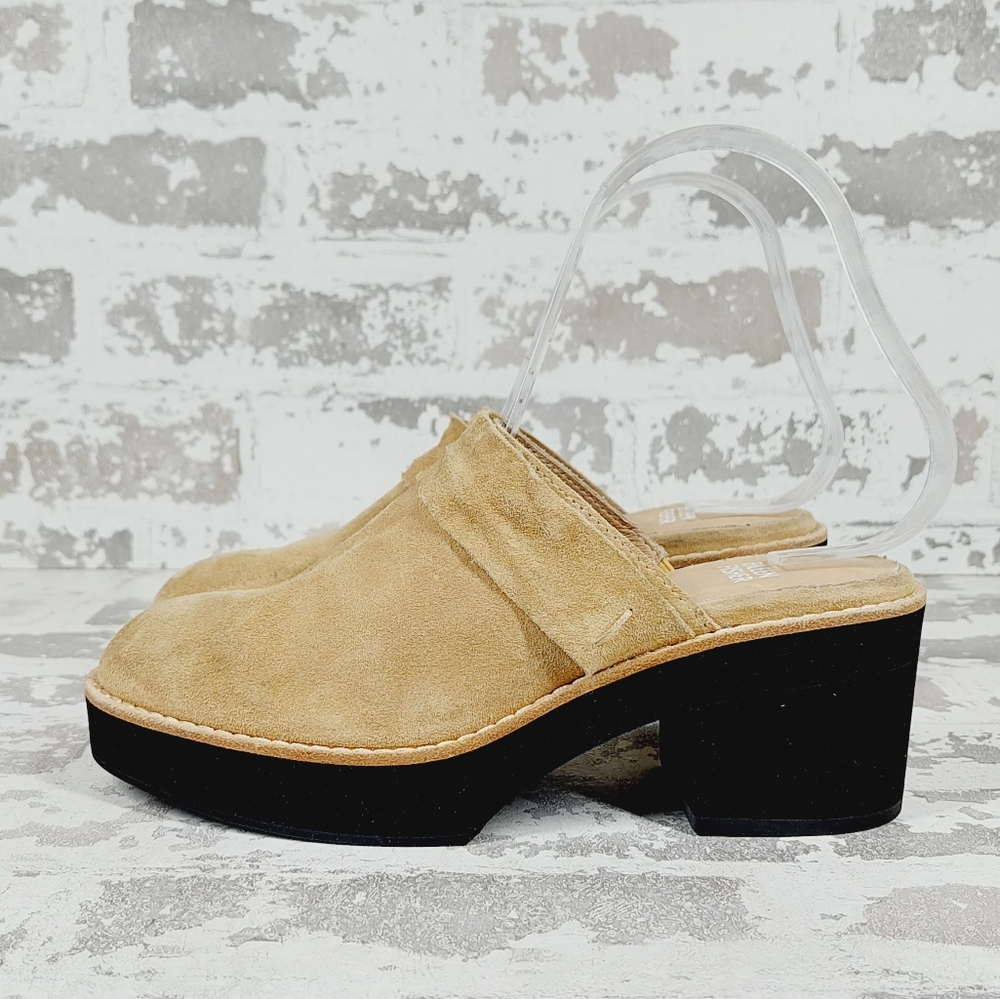 New Eileen Fisher Hiya Beige Suede Block Heel Clog Mules B523